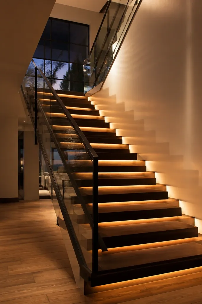 Warm LED line tucked under stair treads creating a gentle glow near the steps