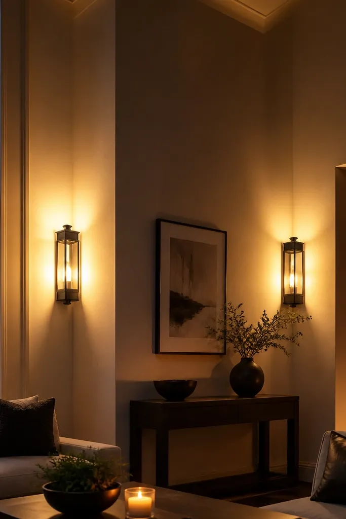 Two lantern-style wall lights in room corners casting warm glow upward