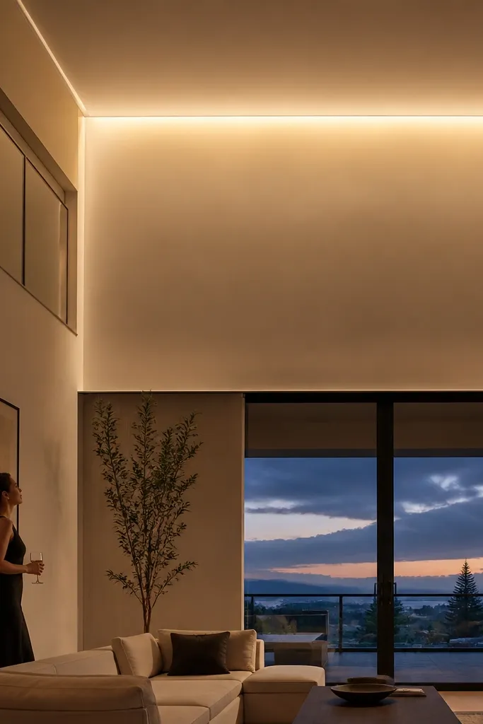 Warm indirect ceiling light glowing from a narrow slot near the ceiling edge