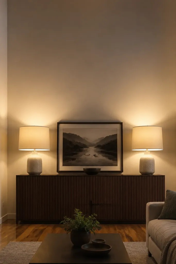 Two matching table lamps with large shades creating warm bounce on tall walls
