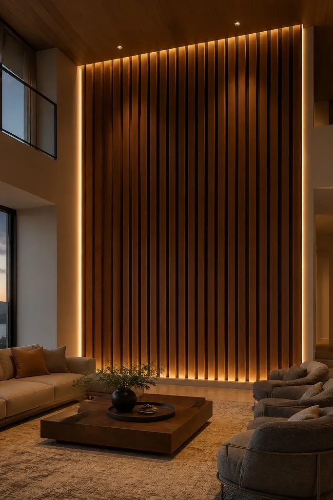 Wood panel wall with warm backlighting glowing through a diffuser