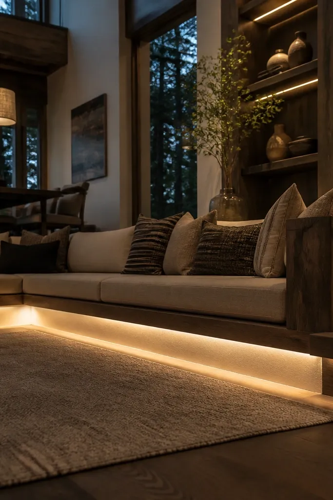 Warm low-level recessed lights near a seating nook casting upward glow