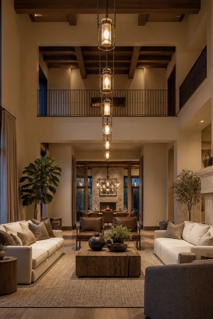 A black ladder rail with three lantern pendants over a tall double-height room