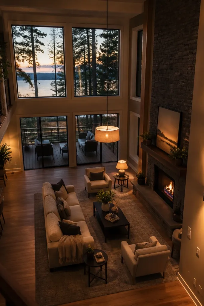 Year-Round Double Height Living Room Lighting Ideas