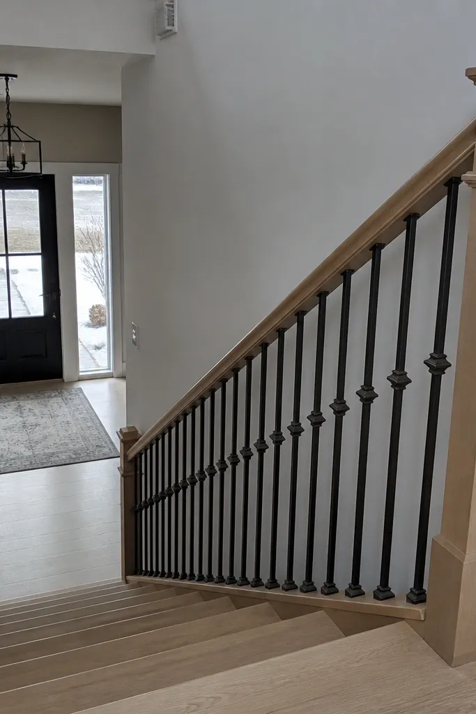 Light maple handrail with matte clear finish and dark charcoal balusters
