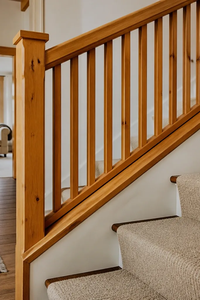 Honey-colored cedar handrail with tight vertical spindles and warm stair vibe