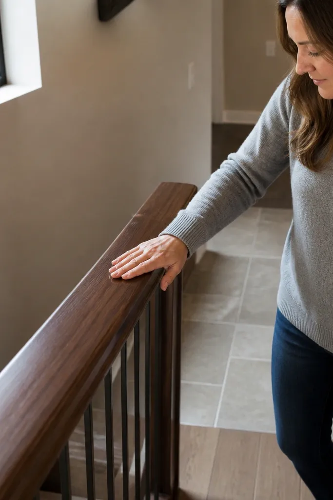 Dark walnut handrail with smooth filled grain and clear topcoat over stair railing