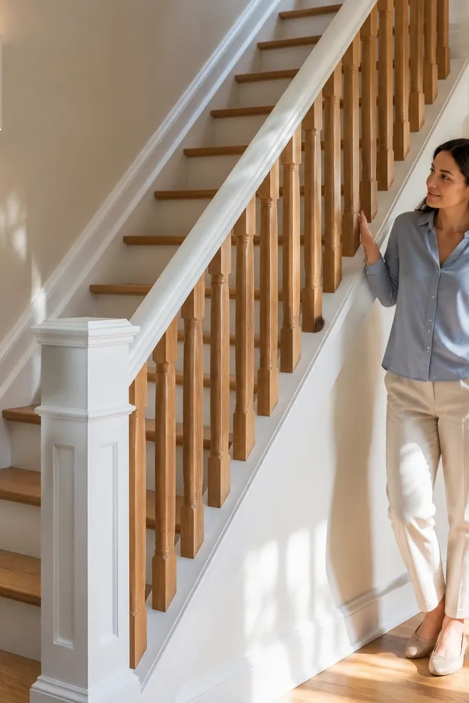 White painted handrail with natural wood balusters on a staircase