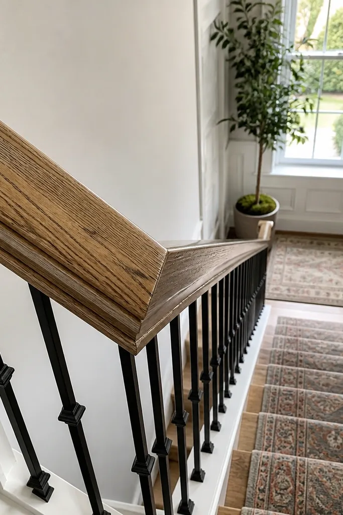 Oak handrail with reclaimed-style character and a modern clear finish on a stair railing