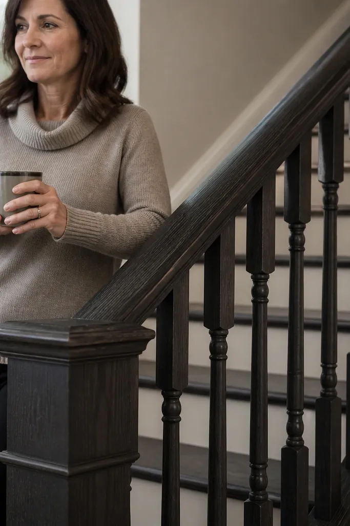 Black stained oak handrail with matte clear finish and matching dark balusters