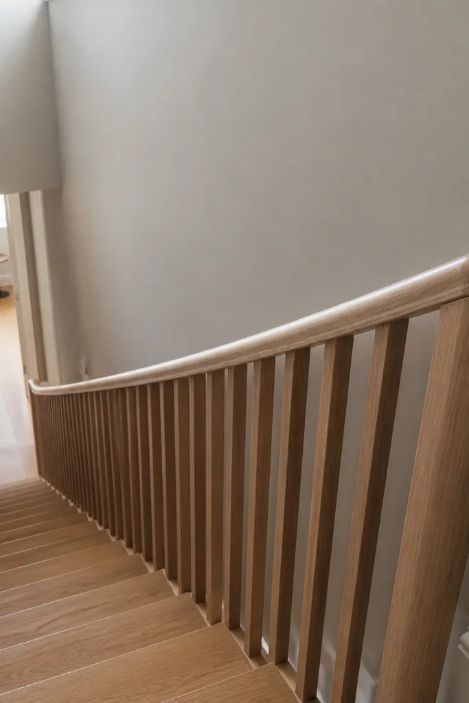Rounded wood handrail with vertical slat panels filling the railing space
