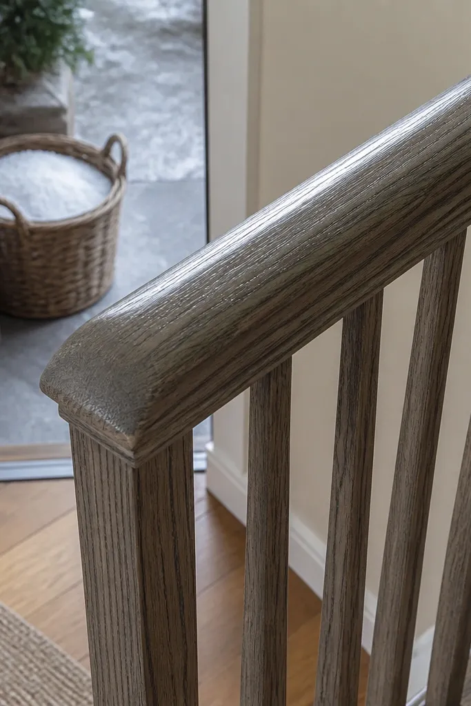 Gray-washed handrail with satin clear coat and matching gray-toned balusters