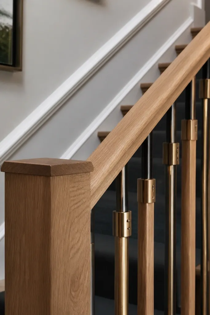 Natural oak handrail with small brass accents between balusters
