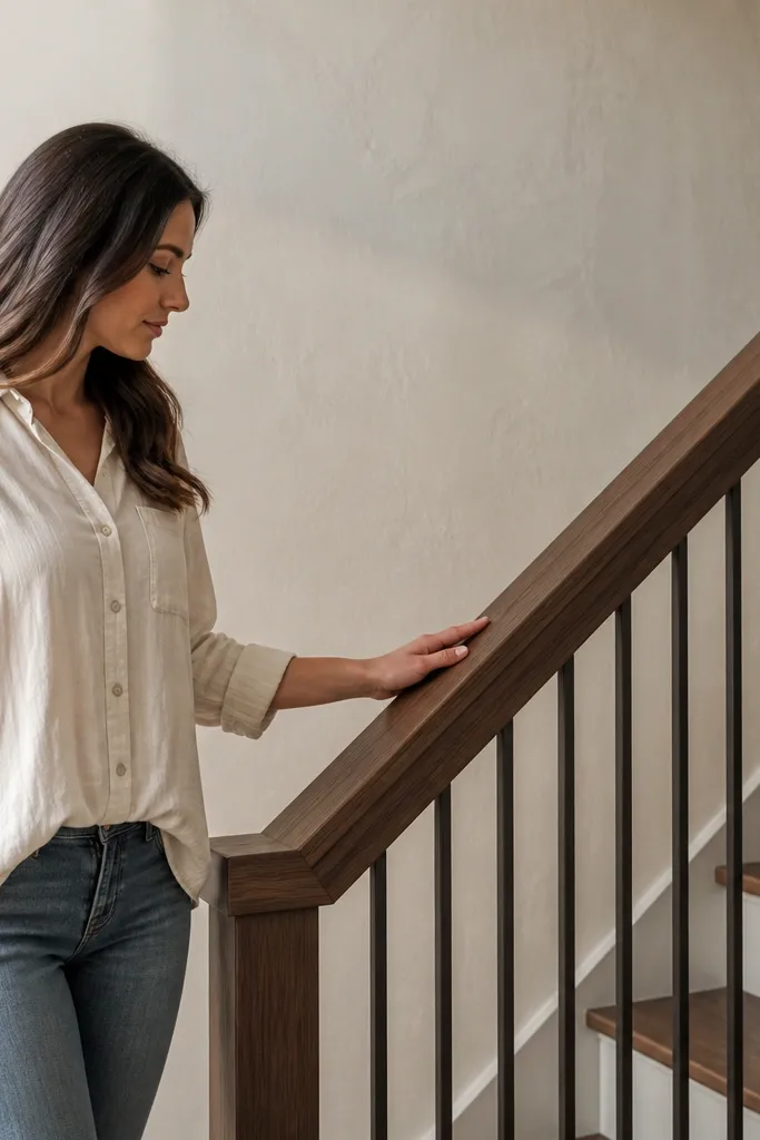Walnut handrail with clean shadow lines and no visible screws on the stair railing