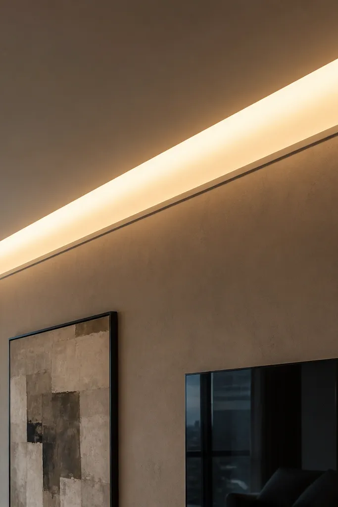 White false ceiling with a continuous glowing line along the room edges