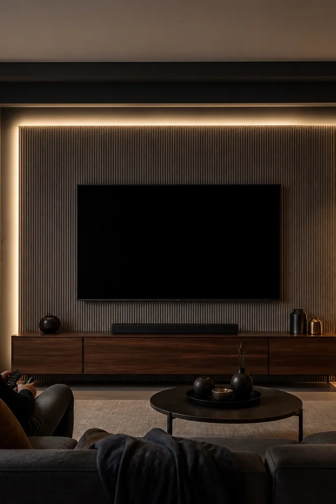 White TV wall niche framed by a glowing U-shaped strip under the ceiling