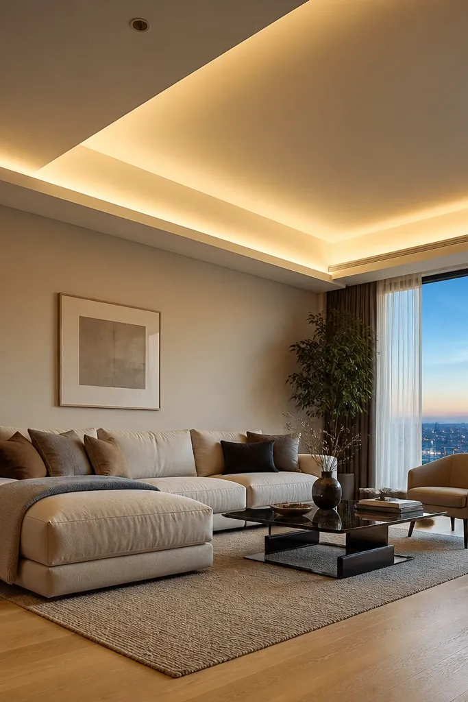 Stepped two-level ceiling with a glowing line in the step