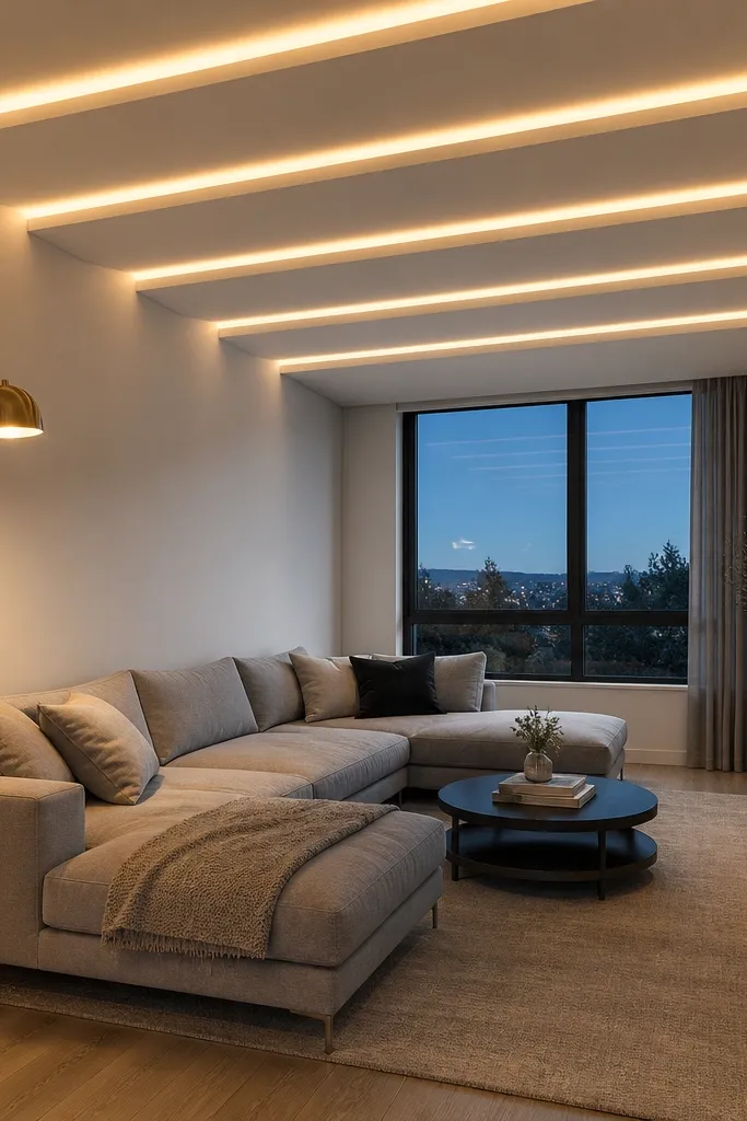Thin beam-like soffits across the ceiling with hidden LED glow lines
