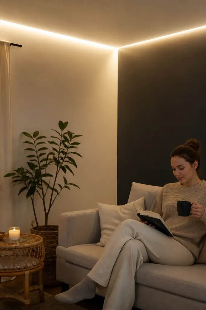 L-shaped corner ceiling cove with gentle warm glow spreading on two walls