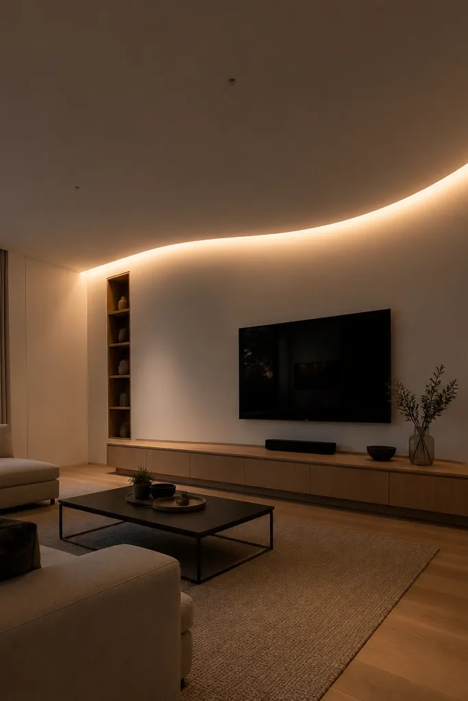 Gentle wave-shaped ceiling edge with a continuous glowing line underneath