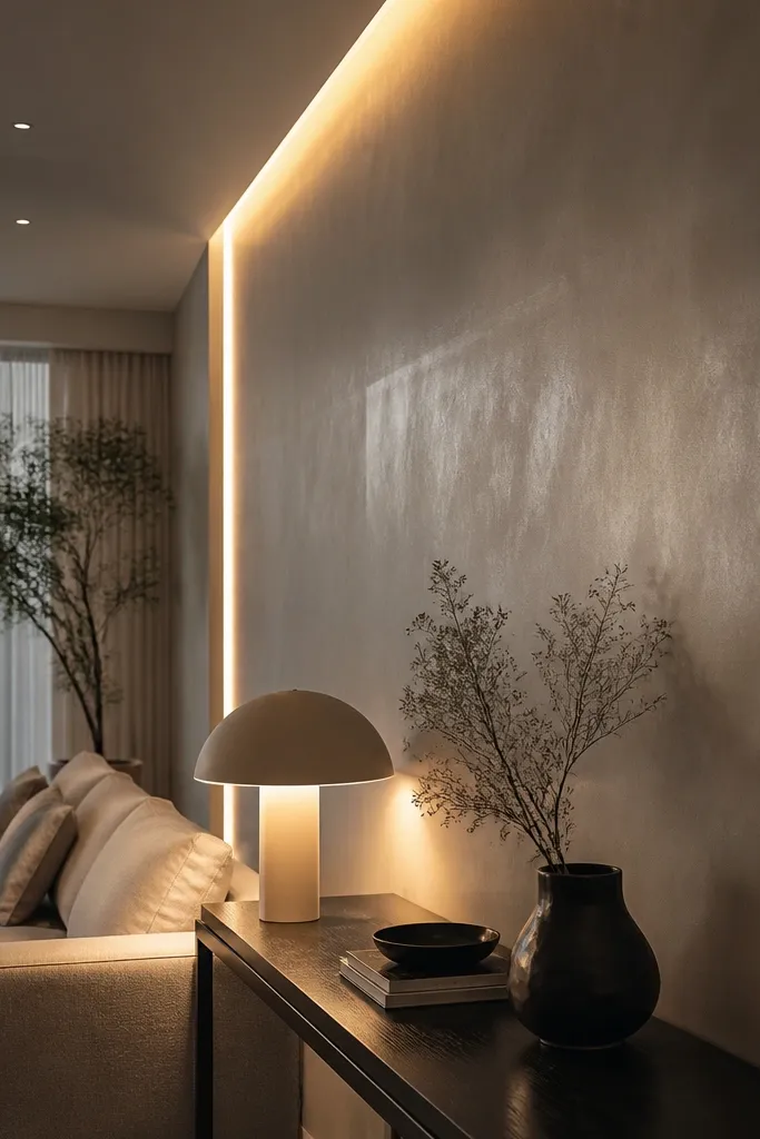 Ceiling glow line near the wall edge creating a soft light band on the wall