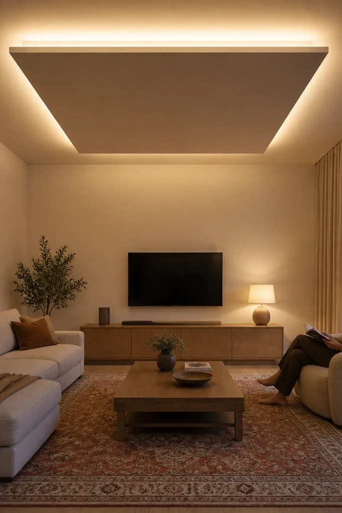 Small lowered ceiling panel in the center with a hidden glow around its edge