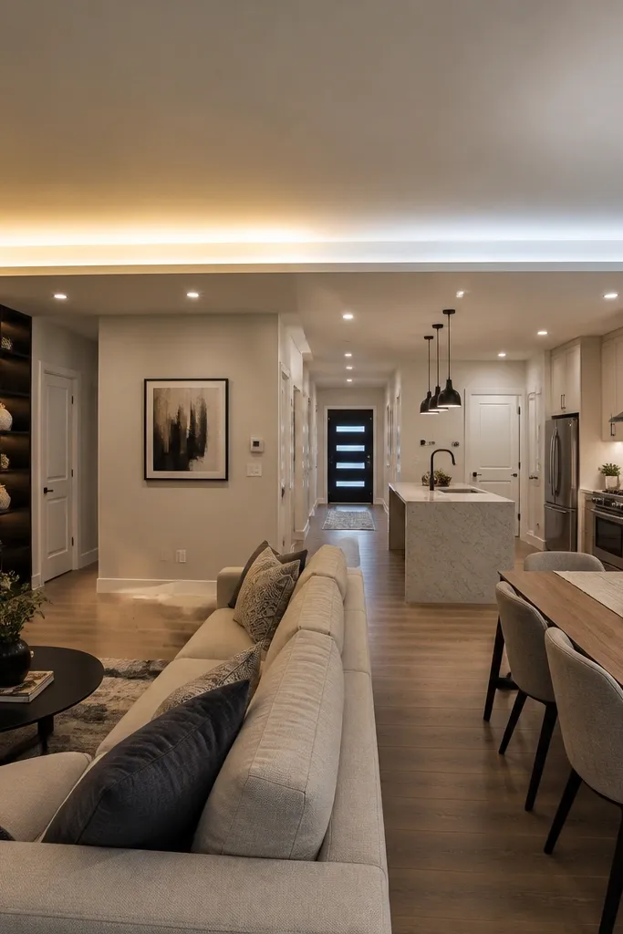 False ceiling with two different hidden light zones separating living and dining areas