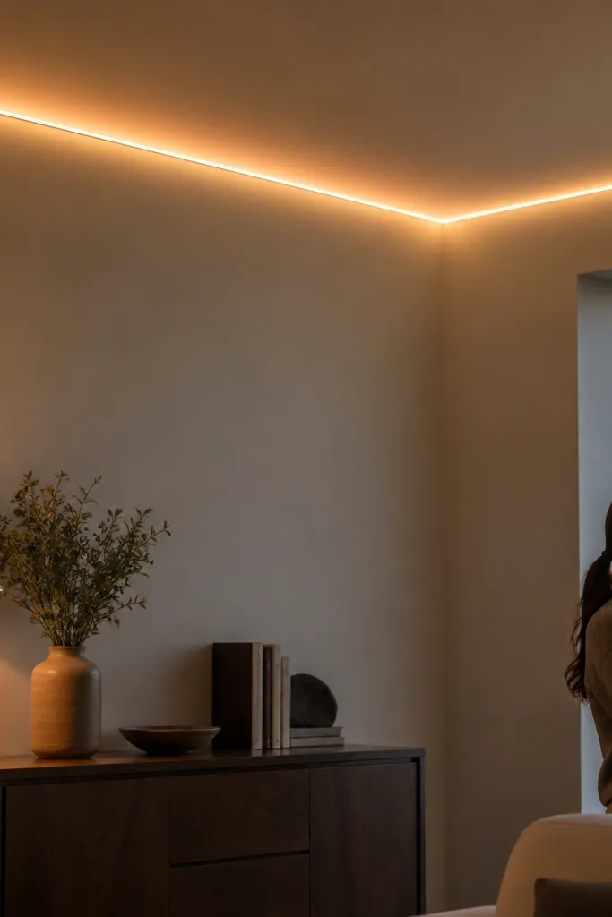 Thin ceiling trim line with concealed LED glow behind a narrow bead molding