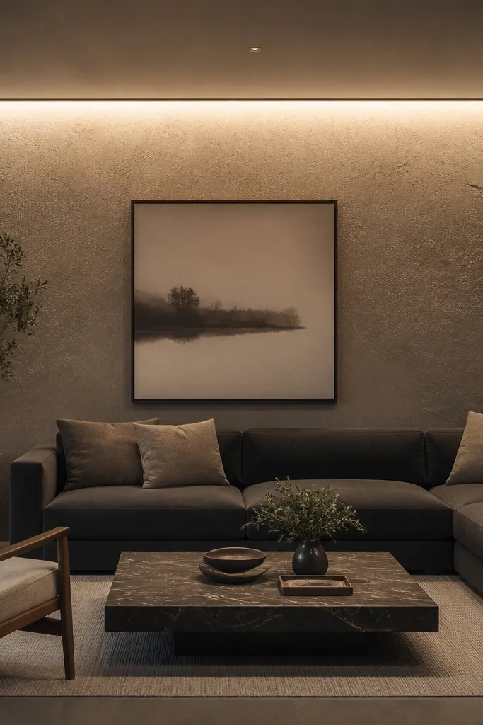 Hidden ceiling cove lighting a textured wall with even warm wash