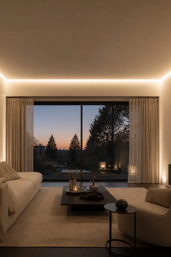 Two matching corner ceiling coves producing warm glow near the sofa area