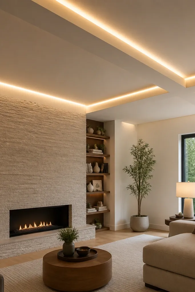 Perimeter cove glow with a centered cross soffit creating a framed ceiling look