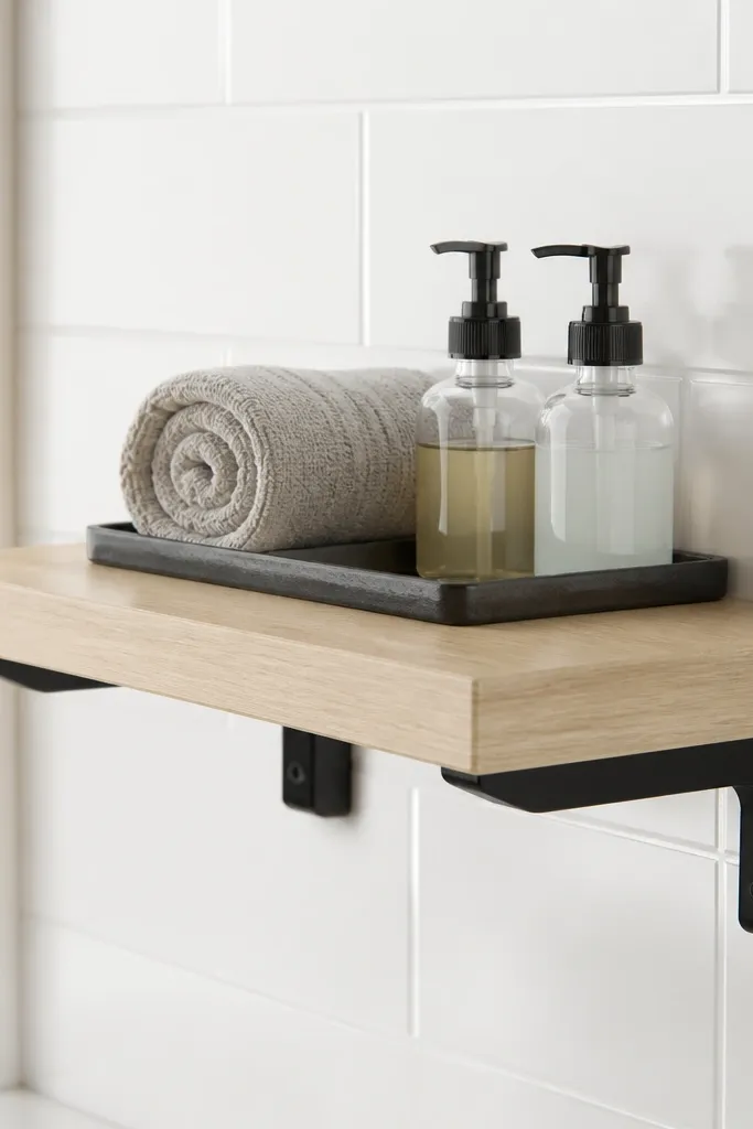 White shelf plank with matte black slim brackets holding small bottles