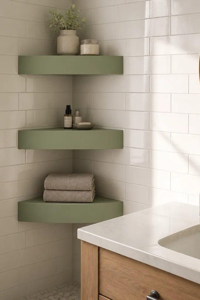 Three sage shelves in a bathroom corner holding folded towels and a small plant