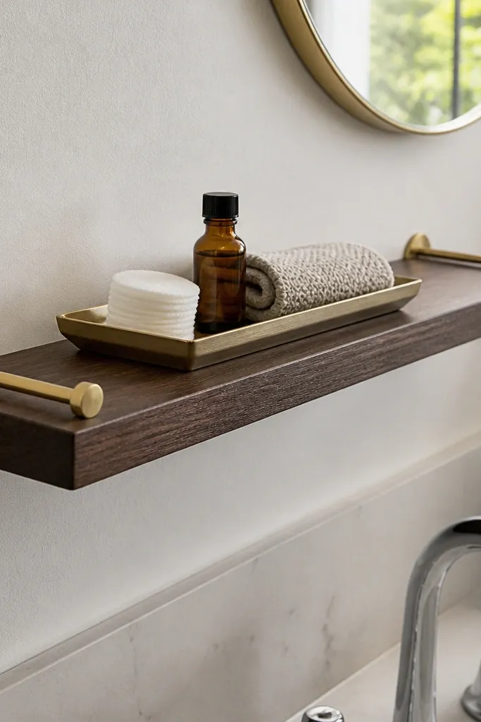 Dark walnut floating shelf with brass pegs and a tray of toiletries