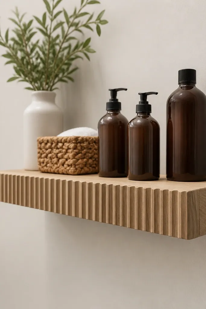 Textured reeded front floating shelf with a clean shadow gap