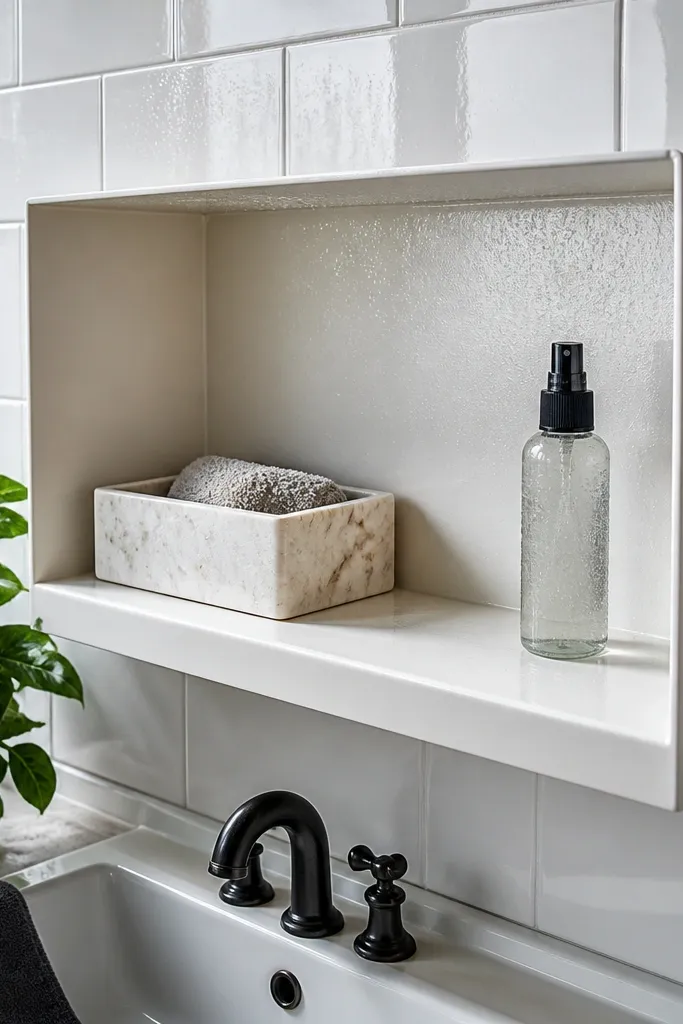 Wide white shelf box with glossy waterproof-looking interior and small decor