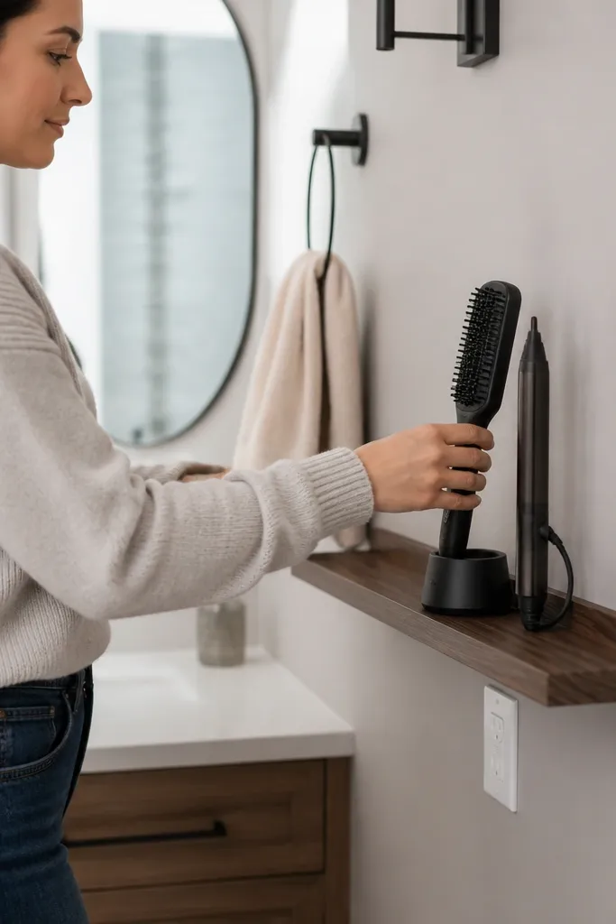 Narrow floating shelf with a small back lip holding hair dryer and styling products