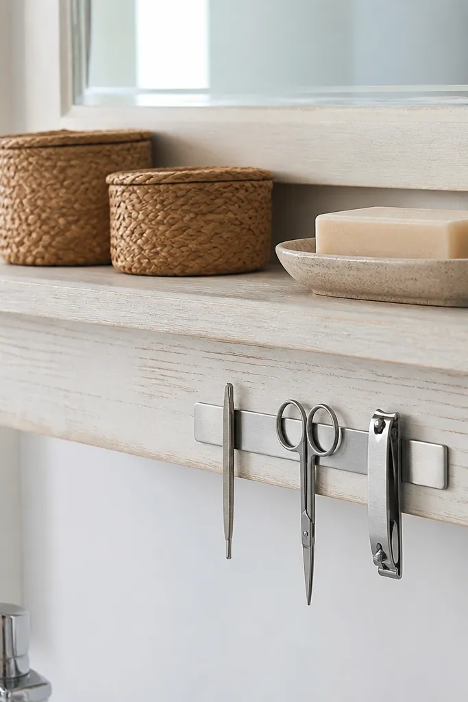 Whitewashed pine floating shelf with a small hidden rail for metal items