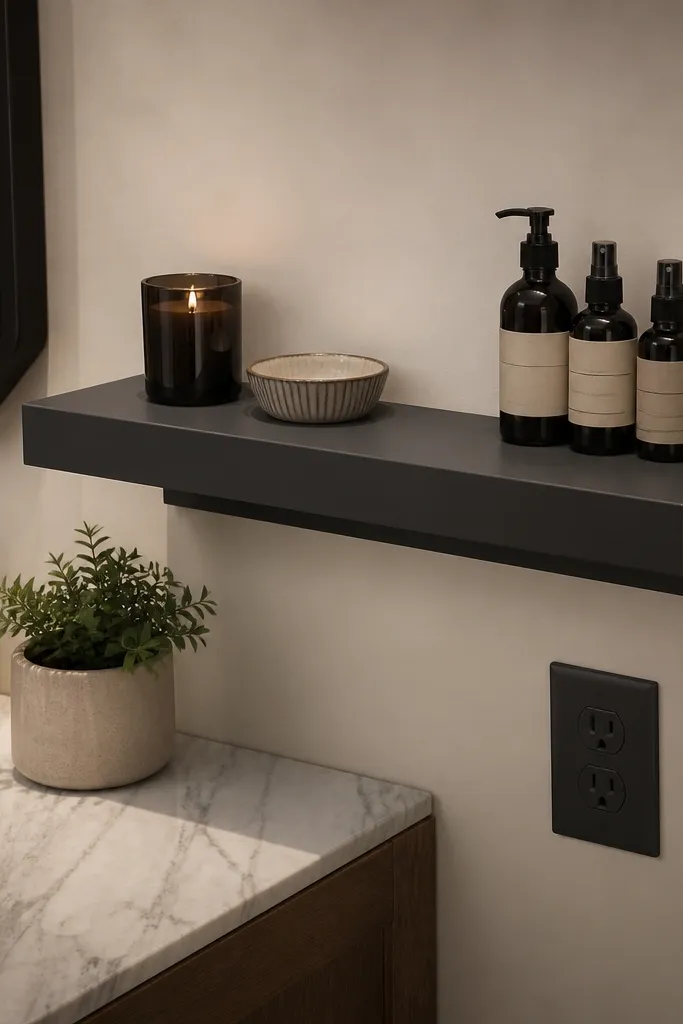 Charcoal floating shelf with covered brackets and decor arranged neatly