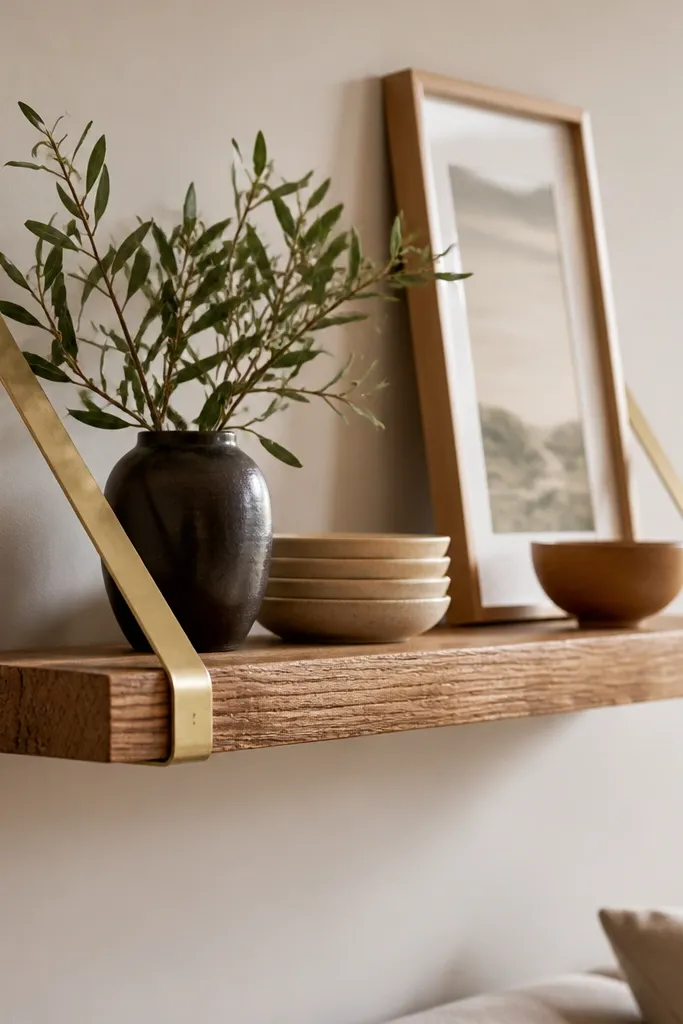 Oak floating shelf with visible brass strap brackets and neatly styled items