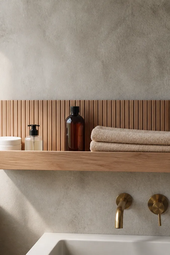 Floating shelf with a slatted back and a removable front tray for bathroom items