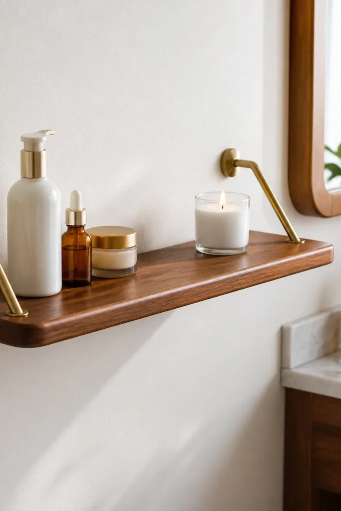 Rounded-edge floating shelf supported by brass rods with neatly arranged skincare