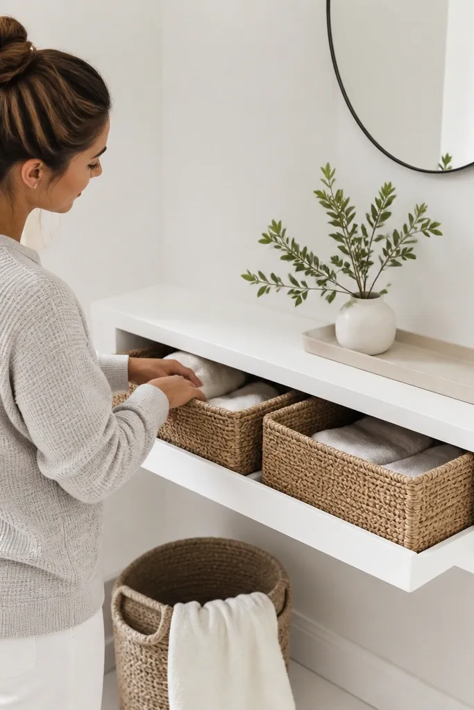 White floating shelf with a rail that holds removable baskets neatly