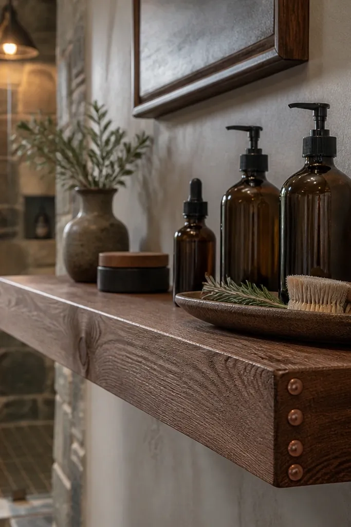 Cedar floating shelf with warm stain and copper nail heads holding decor