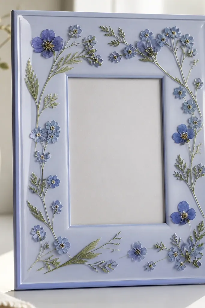 A photo frame with a pale periwinkle border. Pressed small blue flowers and thin green leaves are arranged in a loose wreath around the photo window, with a clear cover that mimics glass.