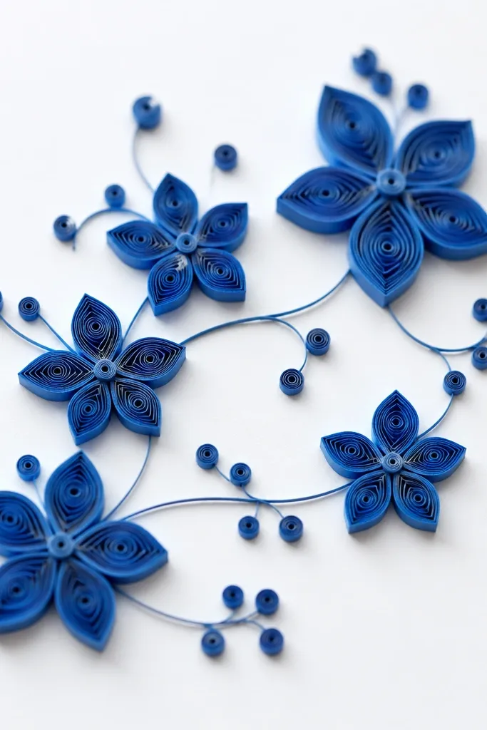 A white mat with royal-blue quilled flower shapes. Each blossom has tight paper coils and small blue coils form a scattered cluster around the photo, with neat spacing and thin connector lines.