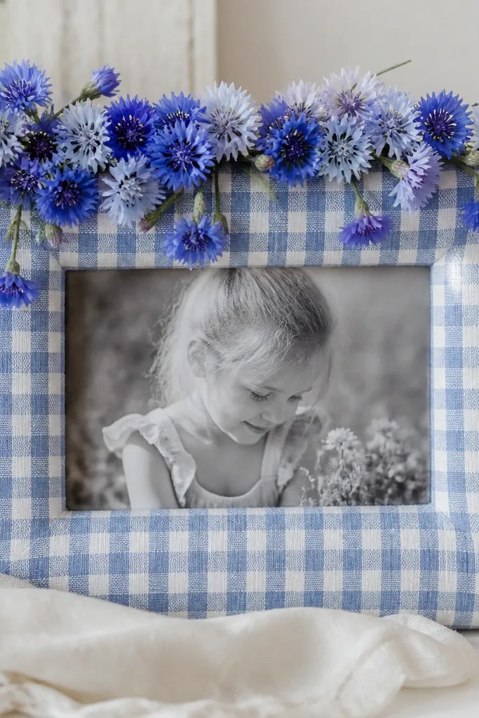 A frame wrapped in blue and white gingham fabric. A crown of small faux cornflowers sits across the top edge, with a few stray blooms angled down toward the photo.