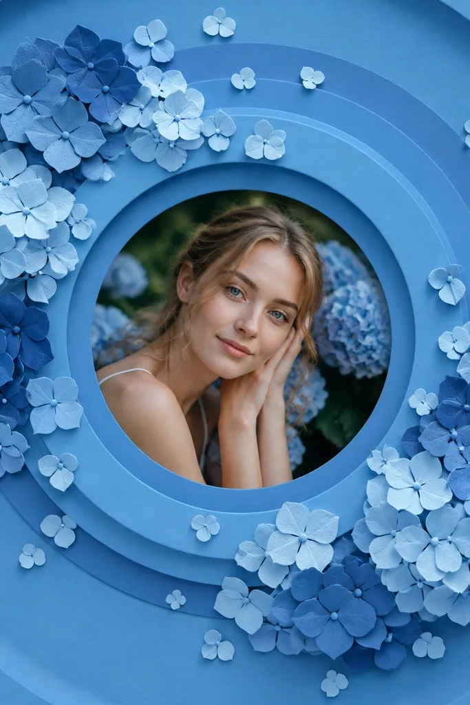 A blue background panel with concentric paper circles. Layered paper hydrangea-like circles in light and dark cerulean bloom around the photo, with tiny cut-out petals.