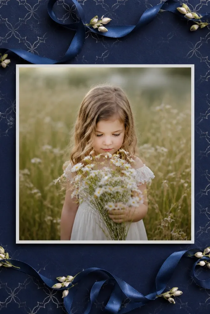 A deep indigo mat with a subtle white stencil pattern. Blue satin ribbon vines curve around the photo, with small faux buds attached at intervals.