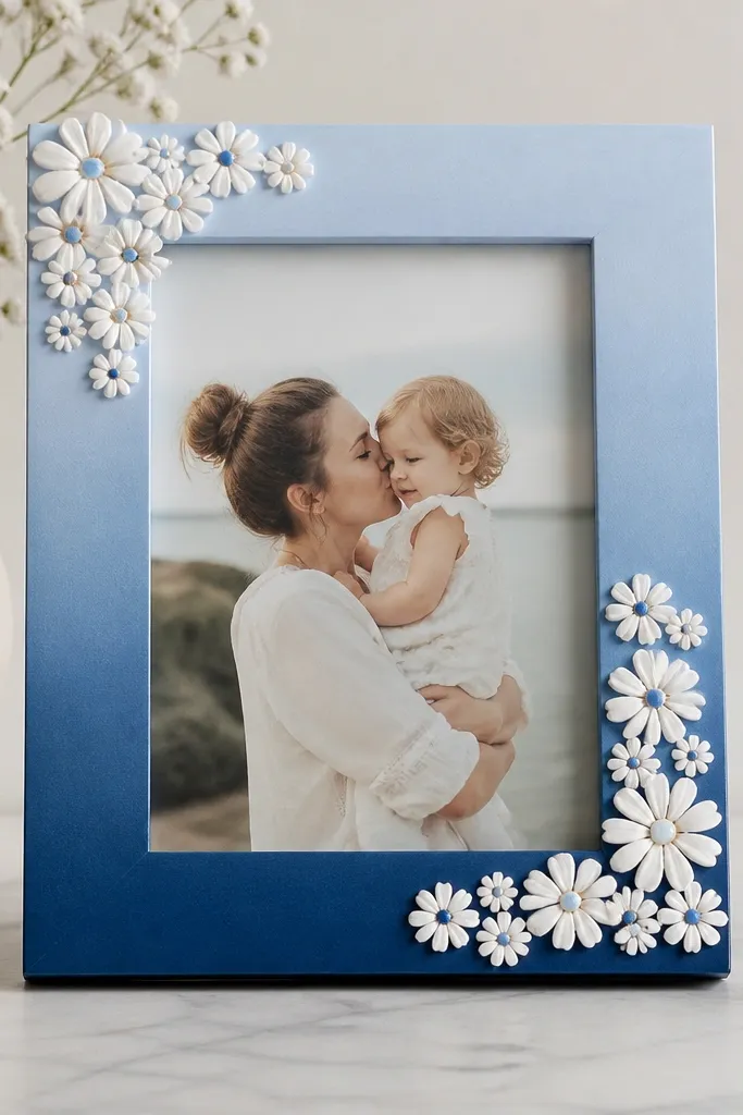 A wooden frame spray-painted in a blue ombre from navy at the bottom to pale blue at the top. White foam daisies with tiny blue centers cluster along the corners of the photo.